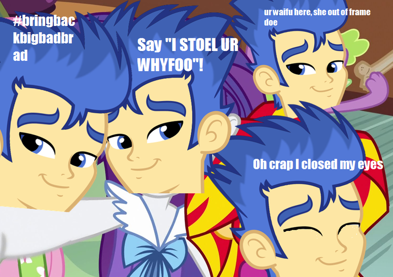 Size: 878x619 | Tagged: safe, banned from derpibooru, deleted from derpibooru, derpibooru import, flash sentry, equestria girls, background pony strikes again, big bad brad, brad, exploitable meme, flashface, forced meme, meme, photo, selfie