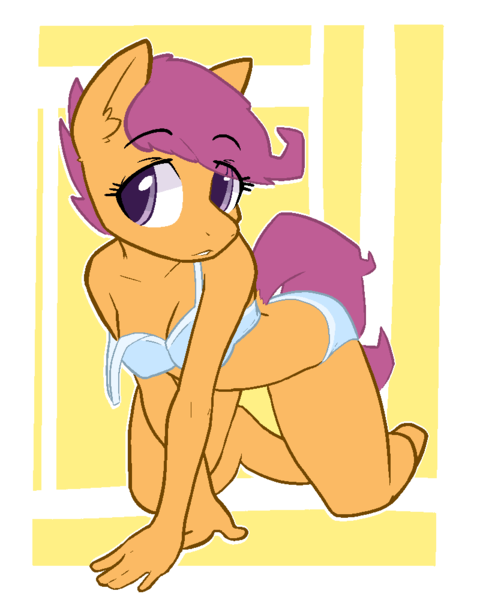 Size: 800x1000 | Tagged: suggestive, artist:nakedsharks, banned from derpibooru, deleted from derpibooru, derpibooru import, scootaloo, anthro, unguligrade anthro, abstract background, blue underwear, bra, breasts, busty scootaloo, cleavage, clothes, female, kneeling, older, panties, solo, solo female, stripping, underwear