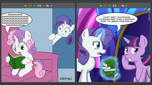 Size: 518x288 | Tagged: safe, artist:empyu, banned from derpibooru, deleted from derpibooru, derpibooru import, rarity, twilight sparkle, alicorn, derpibooru, aaaaaaaaaa, book, exploitable meme, juxtaposition, juxtaposition win, levitation, magic, meme, meta, sweetie belle's book, telekinesis, twilight sparkle (alicorn)