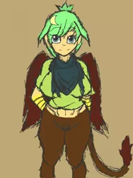 Size: 960x1280 | Tagged: safe, artist:vagabond, banned from derpibooru, deleted from derpibooru, derpibooru import, oc, oc:jade, unofficial characters only, gryphon, satyr, clothes, offspring, parent:greta, scarf, shirt, solo, t-shirt