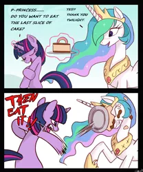 Size: 750x900 | Tagged: source needed, safe, artist:ponykillerx, banned from derpibooru, deleted from derpibooru, derpibooru import, princess celestia, twilight sparkle, alicorn, pony, unicorn, abuse, betrayal, blushing, cake, cakelestia, celestiabuse, comic, duo, female, food, mare, mood swing, out of character, this will end in tears and/or a journey to the moon, throwing, tsundere, twibitch sparkle