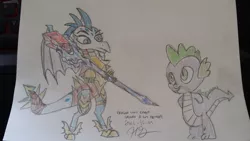 Size: 1024x576 | Tagged: safe, artist:derpkit, banned from derpibooru, deleted from derpibooru, derpibooru import, princess ember, spike, dragon, gauntlet of fire, bloodstone scepter, colored pencil drawing, dragon armor, dragon lord ember, traditional art