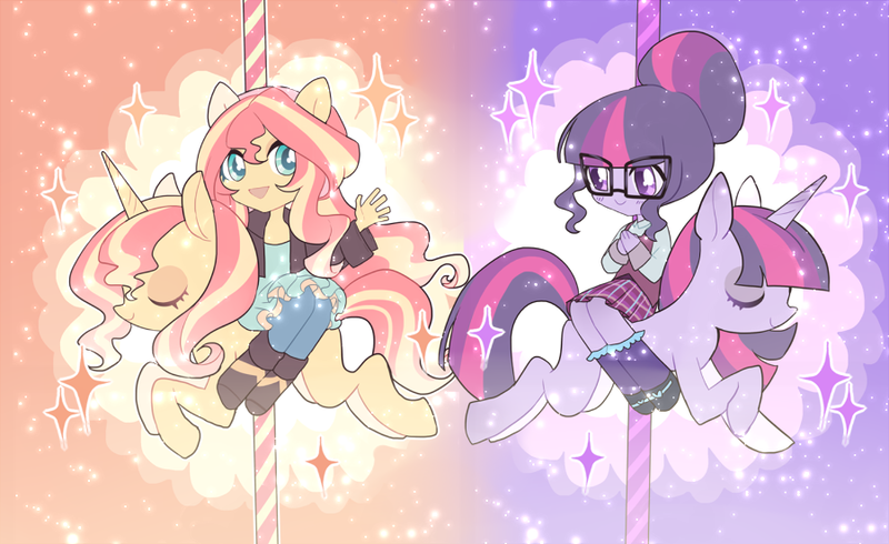 Size: 900x551 | Tagged: safe, artist:rinn11201, banned from derpibooru, deleted from derpibooru, derpibooru import, sci-twi, sunset shimmer, twilight sparkle, equestria girls, carousel, glasses, pony ears