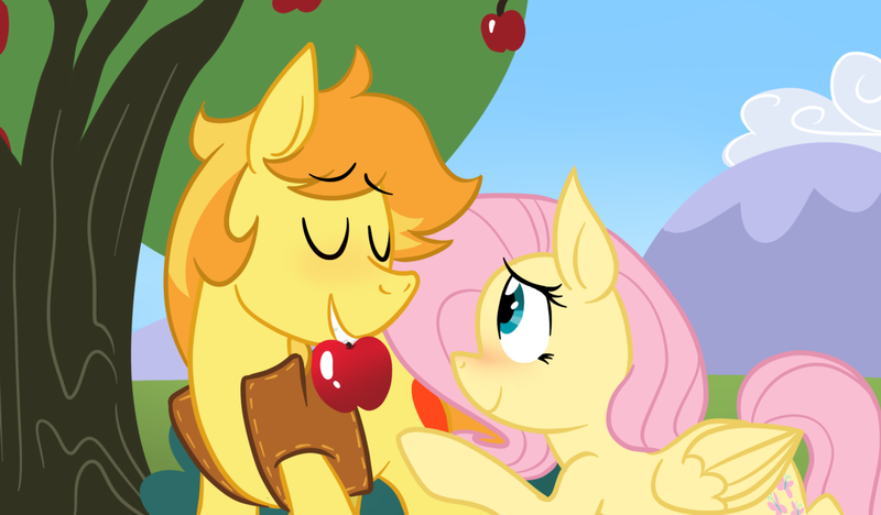 Size: 1280x749 | Tagged: safe, artist:nannurs, banned from derpibooru, deleted from derpibooru, derpibooru import, braeburn, fluttershy, apple, braeshy, female, food, hatless, male, missing accessory, shipping, straight