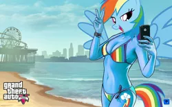 Size: 2880x1800 | Tagged: suggestive, artist:monmonstar, banned from derpibooru, deleted from derpibooru, derpibooru import, edit, rainbow dash, anthro, 1000 hours in ms paint, 1000 years in photoshop, beach, bikini, clothes, grand theft auto, gta v, ms paint, solo, swimsuit