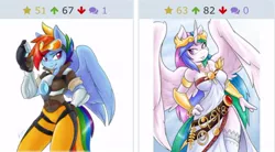 Size: 640x353 | Tagged: safe, artist:ambris, banned from derpibooru, deleted from derpibooru, derpibooru import, princess celestia, rainbow dash, anthro, derpibooru, crossover, juxtaposition, looking back, meta, overwatch, palutena, smiling, tracer