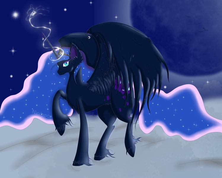 Size: 3000x2404 | Tagged: safe, artist:niniibear, banned from derpibooru, deleted from derpibooru, derpibooru import, nightmare moon, chest fluff, cloud, cute, ear fluff, fluffy, image, magic, moon, night, png, raised hoof, solo, spread wings, unshorn fetlocks, wings