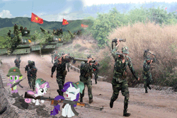 Size: 900x600 | Tagged: safe, banned from derpibooru, deleted from derpibooru, derpibooru import, rarity, spike, sweetie belle, ponified, pony, ak-47, army, army helmet, assault rifle, communism, communist party, flag, gun, helmet, irl, k50m, m79, nation ponies, photo, ponies in real life, recoilless rifle, rifle, tank (vehicle), vietnam, war, weapon
