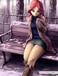Size: 2587x3375 | Tagged: safe, artist:audrarius, banned from derpibooru, deleted from derpibooru, derpibooru import, sunset shimmer, equestria girls, beautiful, bench, christmas, christmas lights, holiday, human coloration, snow, solo