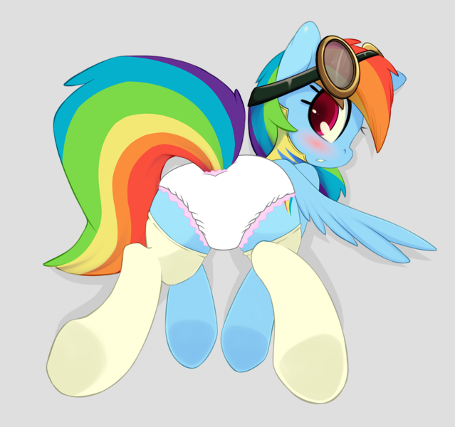 Size: 1625x1525 | Tagged: questionable, artist:grumblepluck, banned from derpibooru, deleted from derpibooru, derpibooru import, edit, rainbow dash, blushing, clothes, diaper, diaper edit, diaper fetish, female, fetish, goggles, solo, solo female, stockings, thigh highs