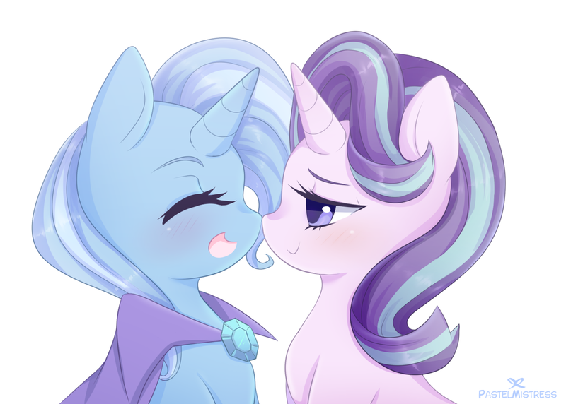 Size: 1280x915 | Tagged: safe, artist:pastelmistress, banned from derpibooru, deleted from derpibooru, derpibooru import, starlight glimmer, trixie, pony, unicorn, eyes closed, female, lesbian, mare, shipping, startrix