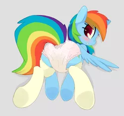 Size: 1625x1525 | Tagged: suggestive, artist:grumblepluck edits, banned from derpibooru, deleted from derpibooru, derpibooru import, edit, edited edit, editor:datspaniard, rainbow dash, butt, clothes, diaper, diaper edit, diaper fetish, female, fetish, hooves, looking at you, looking back, plot, raised tail, socks, solo, solo female, tail, urine, wet diaper