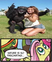 Size: 397x473 | Tagged: safe, banned from derpibooru, deleted from derpibooru, derpibooru import, fluttershy, chimpanzee, human, exploitable meme, irl, irl human, meme, middle finger, nature is so fascinating, obligatory pony, photo, vulgar