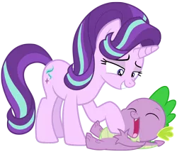 Size: 1656x1416 | Tagged: safe, artist:chebut, artist:porygon2z, artist:titanium-pony, banned from derpibooru, deleted from derpibooru, derpibooru import, spike, starlight glimmer, bedroom eyes, cute, eyes closed, female, laughing, love, male, open mouth, shipping, simple background, sparlight, straight, tickling, transparent background