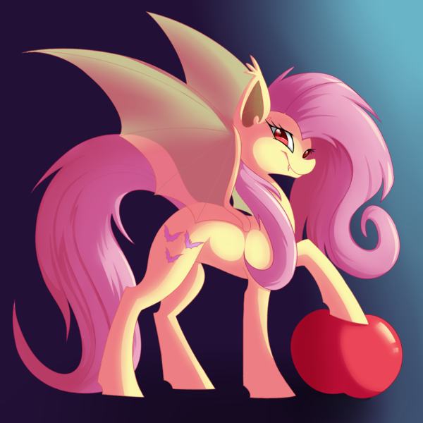 Size: 2000x2000 | Tagged: safe, artist:phelorena, banned from derpibooru, deleted from derpibooru, derpibooru import, fluttershy, bat pony, pony, apple, bat ponified, flutterbat, food, race swap, solo