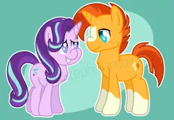 Size: 1280x882 | Tagged: safe, artist:stephanoodle, banned from derpibooru, deleted from derpibooru, derpibooru import, starlight glimmer, sunburst, chest fluff, female, male, scene interpretation, shipping, starburst, straight, watermark