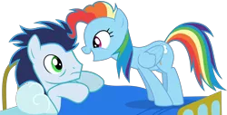 Size: 9113x4641 | Tagged: safe, artist:chebut, banned from derpibooru, deleted from derpibooru, derpibooru import, rainbow dash, soarin', newbie dash, absurd resolution, bed, behaving like pinkie pie, dynamic dash, simple background, surprised, transparent background, vector