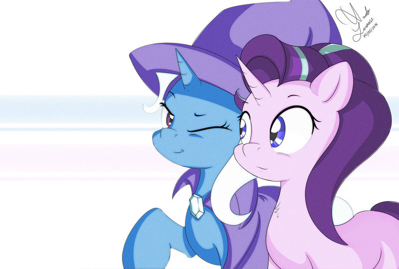 Size: 1087x734 | Tagged: artist needed, source needed, useless source url, safe, artist:ando, banned from derpibooru, deleted from derpibooru, derpibooru import, starlight glimmer, trixie, pony, unicorn, cape, chest fluff, clothes, cute, diatrixes, duo, female, hat, one eye closed, raised hoof, shipping, simple background, smiling, trixie's cape, trixie's hat, white background, wink