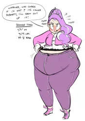 Size: 612x872 | Tagged: suggestive, artist:ross irving, artist:ultrahand, banned from derpibooru, deleted from derpibooru, derpibooru import, diamond tiara, human, belly, big belly, blushing, chubby diamond, denial, fat, female, humanized, image, large butt, pear shaped, png, solo, solo female, wide hips