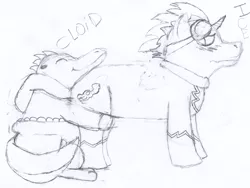 Size: 4488x3379 | Tagged: safe, artist:innauth, banned from derpibooru, deleted from derpibooru, derpibooru import, dinosaur, pony, blushing, cuddling, diaper, eyes closed, frown, fun, hug, huggle, sketch, smiling, snuggling, traditional art, troodon, wavy mouth