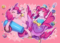Size: 700x508 | Tagged: safe, artist:rinn11201, banned from derpibooru, deleted from derpibooru, derpibooru import, pinkie pie, pony, equestria girls, armpits, bracelet, clothes, cupcake, cute, diapinkes, dress, eyes closed, food, human ponidox, jewelry, open mouth, party cannon, ponied up, self ponidox, solo
