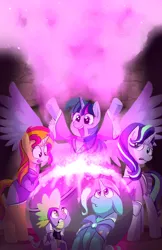 Size: 1242x1920 | Tagged: safe, artist:amarcato, banned from derpibooru, deleted from derpibooru, derpibooru import, spike, starlight glimmer, sunset shimmer, trixie, twilight sparkle, twilight sparkle (alicorn), alicorn, pony, counterparts, female, magical quartet, mare, twilight's counterparts