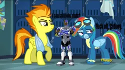 Size: 1280x720 | Tagged: safe, banned from derpibooru, deleted from derpibooru, derpibooru import, edit, edited screencap, screencap, rainbow dash, spitfire, cyborg, newbie dash, teen titans