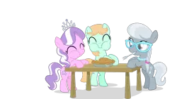 Size: 1536x864 | Tagged: safe, artist:chebut, banned from derpibooru, deleted from derpibooru, derpibooru import, diamond tiara, peach fuzz, silver spoon, on your marks, cute, diamondbetes, diapeaches, eating, food, fork, mouth hold, pie, silverbetes, simple background, .svg available, transparent background, vector
