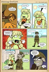 Size: 1322x1939 | Tagged: safe, artist:regularmouseboy, banned from derpibooru, deleted from derpibooru, derpibooru import, apple bloom, applejack, big macintosh, granny smith, oc, oc:earth rise, anthro, earth pony, comic:blazing conflict, alternate universe, angry, apple family, army, badass, blackmail, blazing conflict, cigarette, clothes, embarrassed, embarrassing name, fan comic, fan work, fort, middle finger, military, private, scarf, sergeant, shaved hair, smoking, soldier, staff sergeant, tanktop, training, uniform, vulgar, world war ii, young, younger, young granny smith