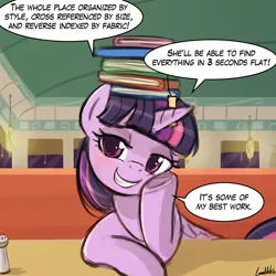 Size: 750x750 | Tagged: safe, artist:lumineko, banned from derpibooru, deleted from derpibooru, derpibooru import, twilight sparkle, twilight sparkle (alicorn), alicorn, pony, the saddle row review, adorkable, bedroom eyes, book, bookhorse, cute, dialogue, dork, female, grin, mare, patreon, patreon logo, scene interpretation, smiling, solo, speech bubble, that pony sure does love organization, twiabetes