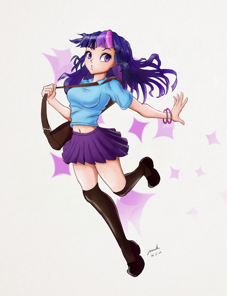 Size: 787x1024 | Tagged: safe, artist:the-park, banned from derpibooru, deleted from derpibooru, derpibooru import, twilight sparkle, human, bag, belly button, clothes, equestria girls outfit, humanized, midriff, short shirt, skirt