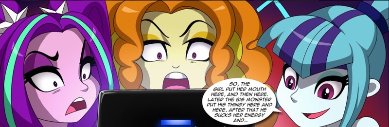 Size: 819x267 | Tagged: suggestive, artist:bbmbbf, banned from derpibooru, deleted from derpibooru, derpibooru import, adagio dazzle, aria blaze, sonata dusk, equestria untamed, equestria girls, hentai, image, jpeg, palcomix, the dazzlings, the dazzlings' revenge