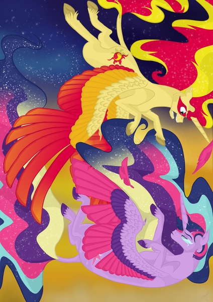 Size: 1024x1448 | Tagged: safe, artist:animalpainter, banned from derpibooru, deleted from derpibooru, derpibooru import, sunset shimmer, twilight sparkle, twilight sparkle (alicorn), alicorn, classical unicorn, pony, unicorn, alicornified, claws, cloven hooves, eye markings, falling, leonine tail, race swap, rainbow power, shimmercorn, unshorn fetlocks, wing claws
