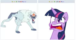 Size: 520x273 | Tagged: safe, banned from derpibooru, deleted from derpibooru, derpibooru import, snowbutt mctwinkles, twilight sparkle, yeti, derpibooru, party pooped, exploitable meme, juxtaposition, juxtaposition win, meme, meta, monster, scared, unknown species, vector