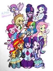 Size: 540x720 | Tagged: safe, artist:aizy-boy, banned from derpibooru, deleted from derpibooru, derpibooru import, angel bunny, applejack, fluttershy, pinkie pie, princess flurry heart, rainbow dash, rarity, sci-twi, starlight glimmer, sunset shimmer, trixie, twilight sparkle, twilight sparkle (alicorn), alicorn, human, equestria girls, season 6, clothes, colored, equestria girls-ified, heart, humane five, humane seven, humane six, humanized, magical quartet, open mouth, pixiv, simple background, twolight, white background