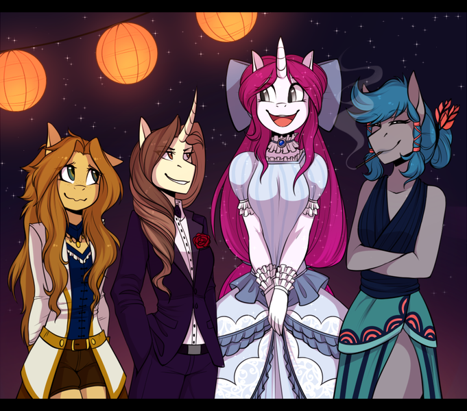 Size: 987x870 | Tagged: safe, artist:harmoniousrain, banned from derpibooru, deleted from derpibooru, derpibooru import, oc, oc:golden pen, oc:princess adelaide, unofficial characters only, anthro, anthro oc, clothes, curved horn, dress, horn, party, smoking, suit