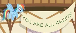 Size: 763x330 | Tagged: safe, banned from derpibooru, deleted from derpibooru, derpibooru import, rainbow dash, banner, faget, reaction image, vulgar