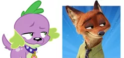 Size: 607x285 | Tagged: safe, banned from derpibooru, deleted from derpibooru, derpibooru import, spike, dog, equestria girls, costanza face, nick wilde, smiling, smirk, spike the dog, zootopia