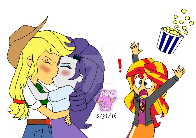 Size: 1024x721 | Tagged: safe, artist:resotii, banned from derpibooru, deleted from derpibooru, derpibooru import, applejack, rarity, sunset shimmer, equestria girls, blushing, exclamation point, female, food, kissing, lesbian, popcorn, rarijack, shipping, watermark