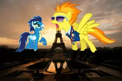 Size: 1024x683 | Tagged: safe, artist:silverbrony97, banned from derpibooru, deleted from derpibooru, derpibooru import, soarin', spitfire, pony, clumsy, eiffel tower, female, irl, macro, male, paris, photo, ponies in real life, shipping, soarinfire, straight