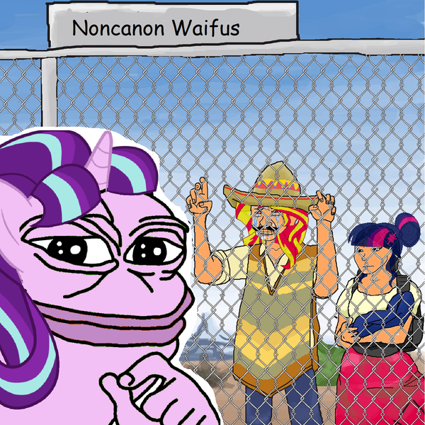 Size: 1315x1315 | Tagged: safe, banned from derpibooru, deleted from derpibooru, derpibooru import, edit, sci-twi, starlight glimmer, twilight sparkle, border, donald trump, equestria girls drama, meme, /mlp/, pepe the frog, sombrero