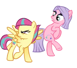 Size: 490x433 | Tagged: safe, artist:berrypunchrules, banned from derpibooru, deleted from derpibooru, derpibooru import, oc, oc:aesthetic appeal, oc:tasty treat, ponified, unofficial characters only, pony, equestria girls, duo, equestria girls ponified, offspring, parent:alizarin bubblegum, parent:peacock plume, parent:sour sweet, simple background, transparent background