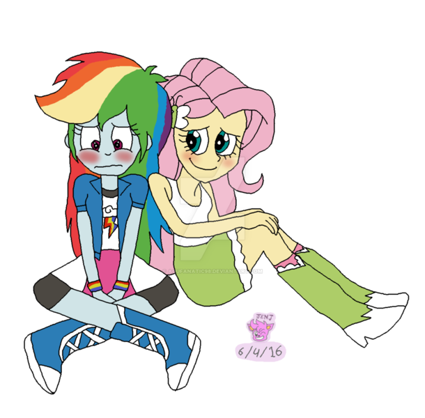 Size: 1024x1007 | Tagged: safe, artist:resotii, banned from derpibooru, deleted from derpibooru, derpibooru import, fluttershy, rainbow dash, equestria girls, blushing, female, flutterdash, lesbian, shipping, simple background, sitting, smiling, transparent background, watermark