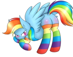 Size: 1800x1400 | Tagged: suggestive, artist:onlytheponies, banned from derpibooru, deleted from derpibooru, derpibooru import, rainbow dash, clothes, female, rainbow socks, socks, solo, solo female, striped socks