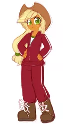 Size: 506x1000 | Tagged: safe, artist:jumblehorse, banned from derpibooru, deleted from derpibooru, derpibooru import, applejack, equestria girls, solo, tracksuit