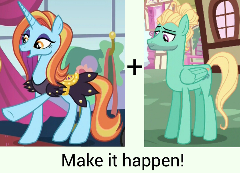 Size: 1080x782 | Tagged: safe, banned from derpibooru, deleted from derpibooru, derpibooru import, sassy saddles, zephyr breeze, canterlot boutique, flutter brutter, crack shipping, exploitable meme, make it happen, meme, shipping