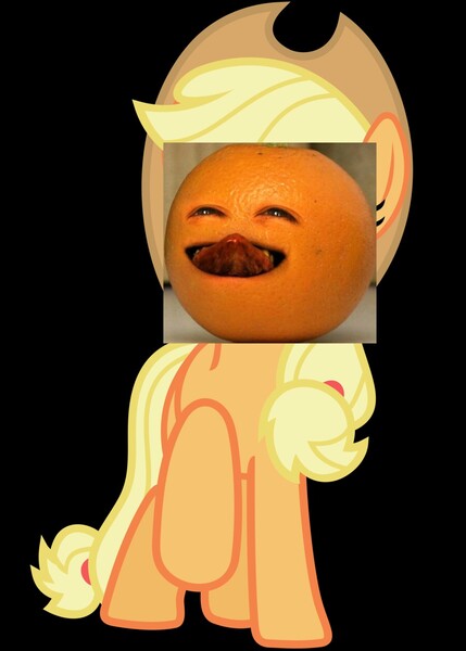 Size: 900x1260 | Tagged: safe, banned from derpibooru, deleted from derpibooru, derpibooru import, applejack, annoying orange, eyes closed, simple background, solo, tongue out