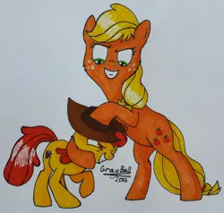 Size: 2156x2049 | Tagged: safe, artist:grayball842, banned from derpibooru, deleted from derpibooru, derpibooru import, apple bloom, applejack, cutie mark, female, hat, noogie, siblings, sisters, the cmc's cutie marks, traditional art