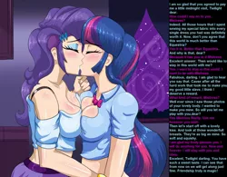 Size: 1028x800 | Tagged: suggestive, artist:thebrokencog, banned from derpibooru, deleted from derpibooru, derpibooru import, edit, editor:misterman4, part of a set, rarity, twilight sparkle, human, blushing, bra, brainwashing, bra strap, breasts, busty rarity, busty twilight sparkle, cleavage, clothes, eyes closed, female, femdom, humanized, hypnosis, hypnosis edit, kissing, lesbian, manip, midriff, part of a series, rarilight, shipping, symmetrical docking, text, title drop, underwear