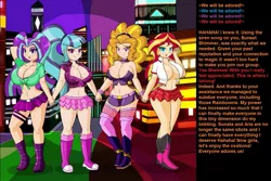 Size: 1197x800 | Tagged: suggestive, artist:thebrokencog, banned from derpibooru, deleted from derpibooru, derpibooru import, edit, editor:misterman4, part of a set, adagio dazzle, applejack, aria blaze, fluttershy, pinkie pie, rainbow dash, rarity, sonata dusk, sunset shimmer, twilight sparkle, human, belly button, belt, big breasts, bimbo, boots, breasts, busty adagio dazzle, busty aria blaze, busty sonata dusk, busty sunset shimmer, city, cleavage, clothes, evil laugh, female, femdom, giantess, high heel boots, high heels, human coloration, humanized, hypnosis, hypnosis edit, hypnotized, image, joi/e, jpeg, laughing, macro, manip, midriff, miniskirt, music, offscreen character, part of a series, pigtails, pleated skirt, ponytail, senran kagura, shoes, singing, skirt, slutset shimmer, socks, stockings, text, the dazzlings, the rainbooms, thigh highs, twintails